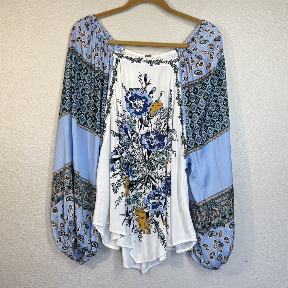 Free People Positano Floral Printed Blouse Handkerchief Peasant Boho Women M